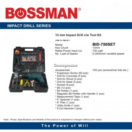 Bossman 13mm 750W Impact Drill with 105pcs Accessories #BID-750SET